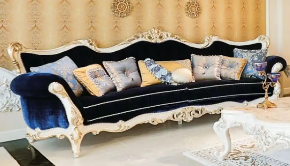 Casa Padrino luxury baroque living room sofa dark blue / white / gold 300 x 98 x H. 120 cm - Magnificent sofa in baroque style - Noble baroque living room furniture Top-Angebot