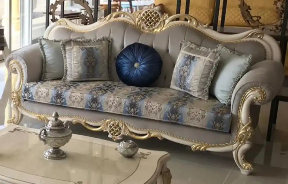 Neu Im Sortiment Casa Padrino luxury baroque sofa gray / blue / white / gold 222 x 82 x H. 120 cm - Magnificent solid wood living room sofa with elegant pattern and decorative pillows - Baroque living room furniture