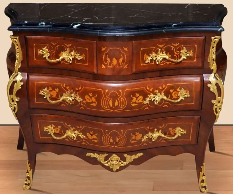 Markenware Casa Padrino baroque chest of drawers brown / gold / black 120 x 50 x H. 85 cm - Handmade solid wood chest of drawers with 4 drawers and marble top - Baroque Furniture