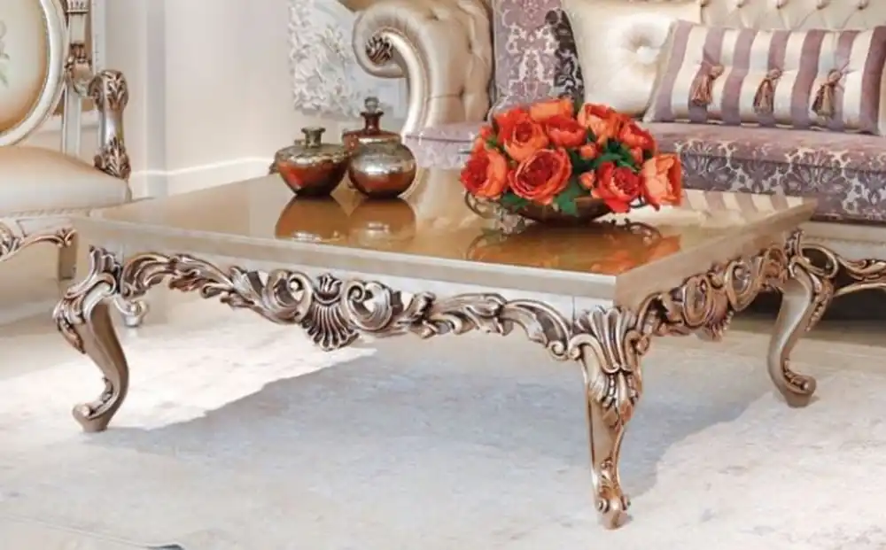 Casa Padrino luxury baroque coffee table beige / copper 133 x 92 x H. 45 cm - Magnificent solid wood living room table with noble decorations - Baroque living room furniture Highlight