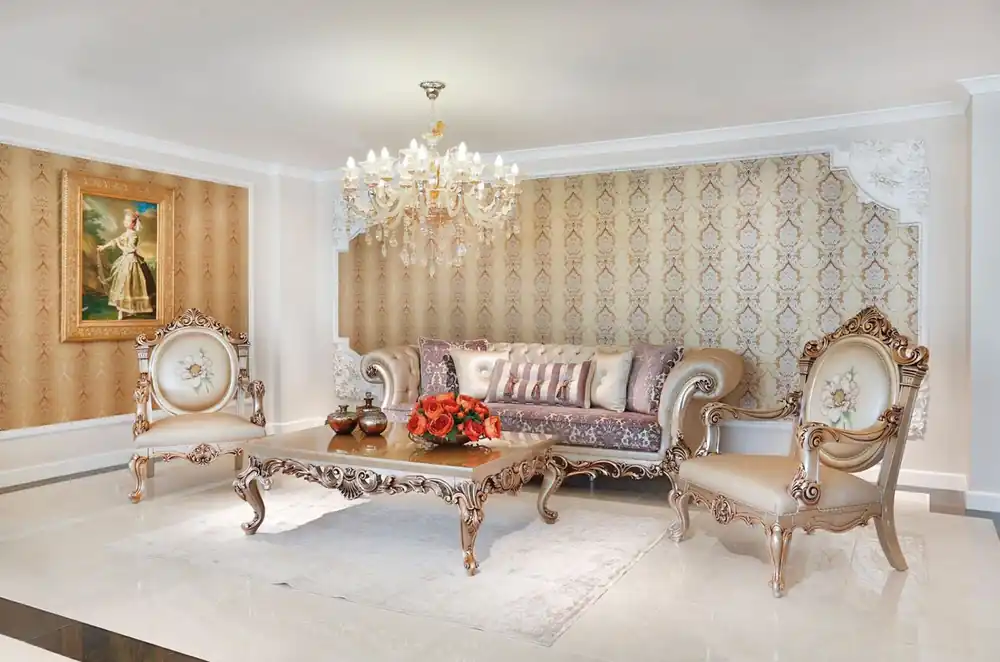Garantierte Lieferung Casa Padrino luxury baroque living room set purple / cream / beige / copper - 2 Sofas & 2 Armchairs & 1 Coffee Table with Glass Top - Living room furniture in baroque style - Noble & Magnificent