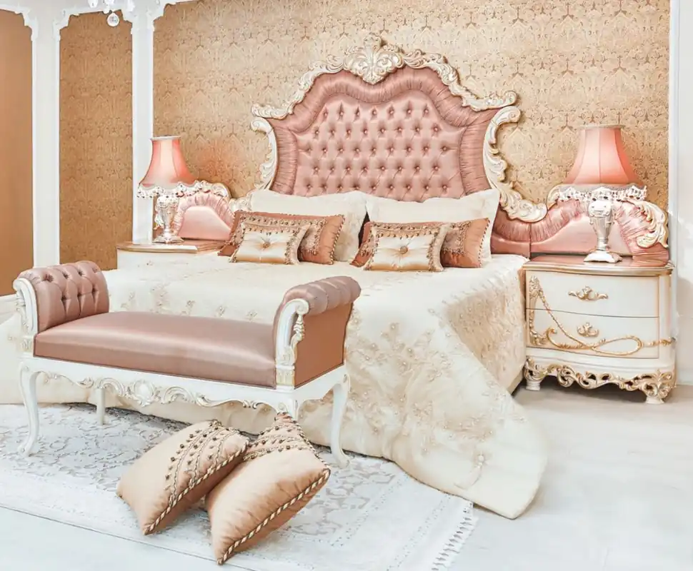 Versand Am Gleichen Tag Casa Padrino luxury baroque bedroom set pink / white / cream / copper - 1 Double Bed with Headboard & 2 Bedside Tables & 1 Bench - Baroque bedroom furniture - Noble & Magnificent
