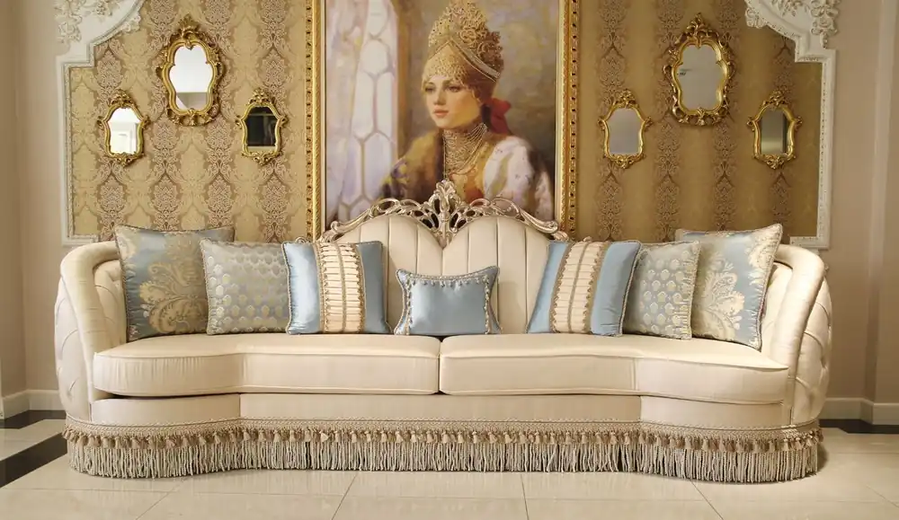 Casa Padrino luxury baroque living room sofa beige / silver 300 x 95 x H. 115 cm - Magnificent sofa in baroque style - Noble baroque living room furniture Highlight