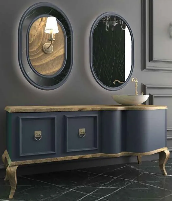 Casa Padrino Luxury Baroque Bathroom Set Natural / Blue - 1 Vanity Unit with 2 Doors and 1 Washbasin and 2 Wall Mirrors - Sumptuous Bathroom Furniture Preisknaller