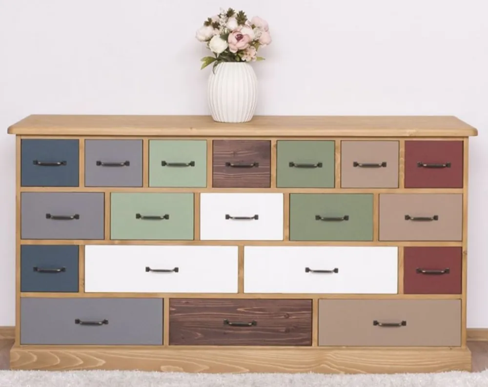 Casa Padrino country style chest of drawers light brown / multicolor 180 x 48 x H. 95 cm - Solid wood cabinet with 19 drawers - Country style furniture Sale