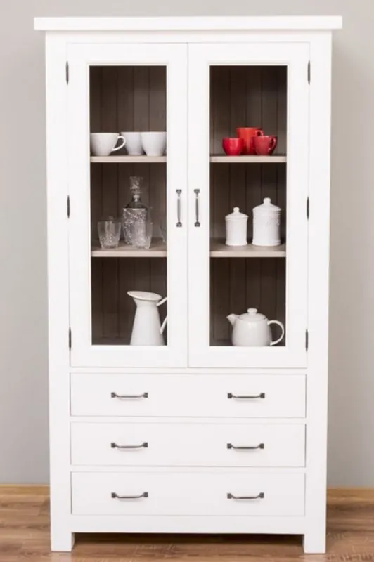 Casa Padrino country style kitchen cabinet white / gray 100 x 50 x H. 180 cm - Solid wood display cabinet with 2 glass doors and 3 drawers - Country style kitchen furniture Jetzt Bestellen