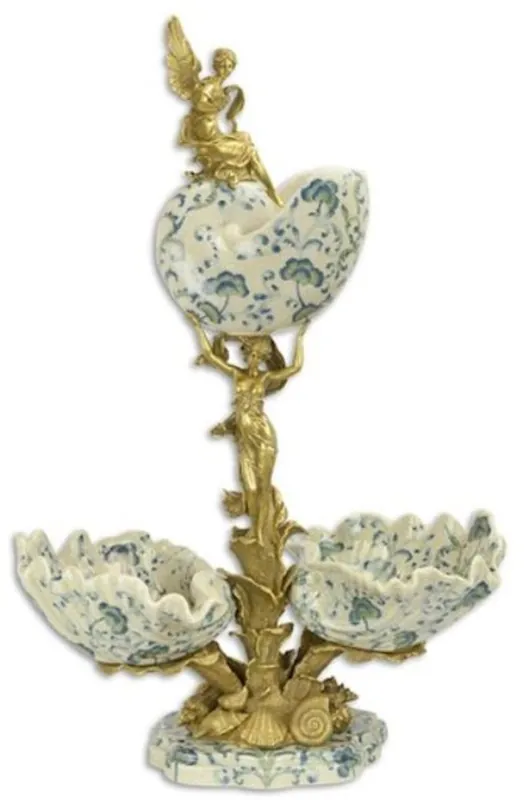 Expressversand Casa Padrino Art Nouveau table decoration object cream / blue / gold 49.4 x 27.5 x H. 74 cm - Porcelain decoration bowls with decorative bronze angel figures - Baroque & Art Nouveau Decoration