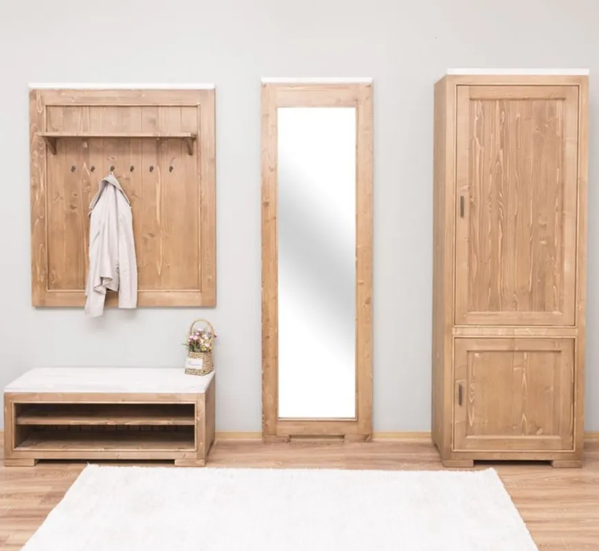 Casa Padrino country style solid wood cloakroom furniture set natural / white - 1 Cloakroom & 1 Shoe Cabinet & 1 Wall Mirror & 1 Wardrobe - Country Style Furniture Must-Have