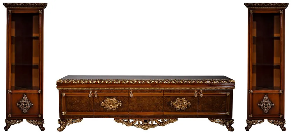 Expressversand Casa Padrino luxury baroque furniture set brown / gold - Noble solid wood TV cabinet with 2 showcases - Baroque living room furniture