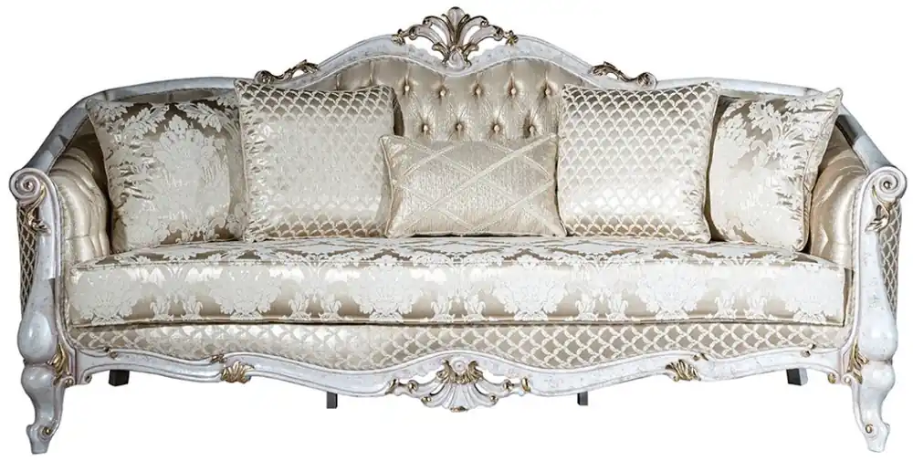 Top-Seller Casa Padrino luxury baroque sofa gold / antique white / gold 250 x 90 x H. 112 cm - Living room sofa with elegant pattern and decorative pillows - Baroque living room furniture