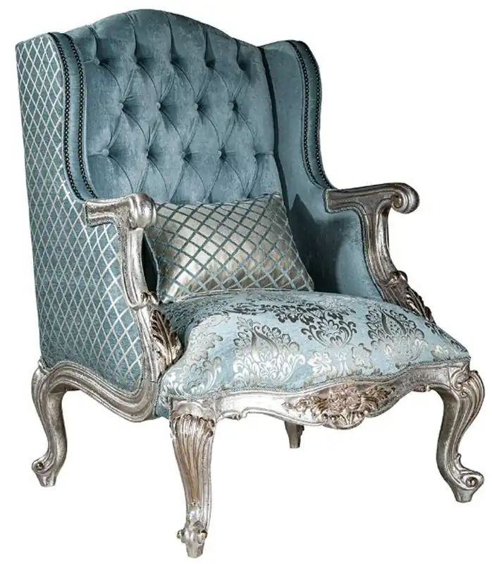 Neue Kollektion Casa Padrino luxury baroque wing chair light blue / silver / gold 77 x 80 x H. 113 cm - Living room armchair with elegant pattern and decorative pillow - Baroque living room furniture
