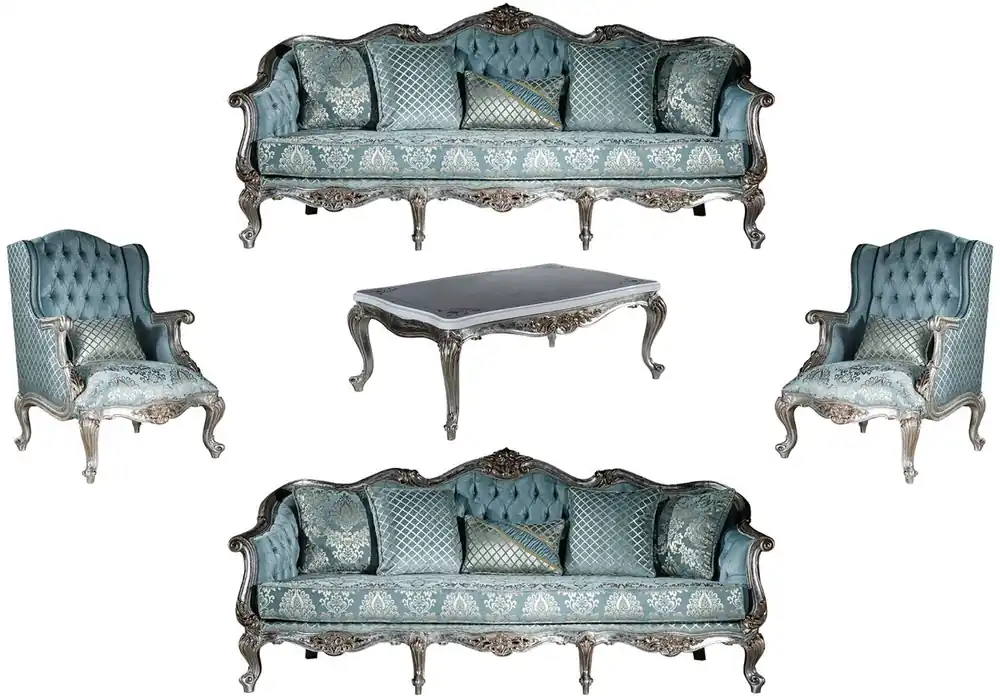 Online Kaufen Casa Padrino luxury baroque living room set light blue / silver - 2 Sofas & 2 Armchairs & 1 Coffee Table - Magnificent living room furniture in baroque style