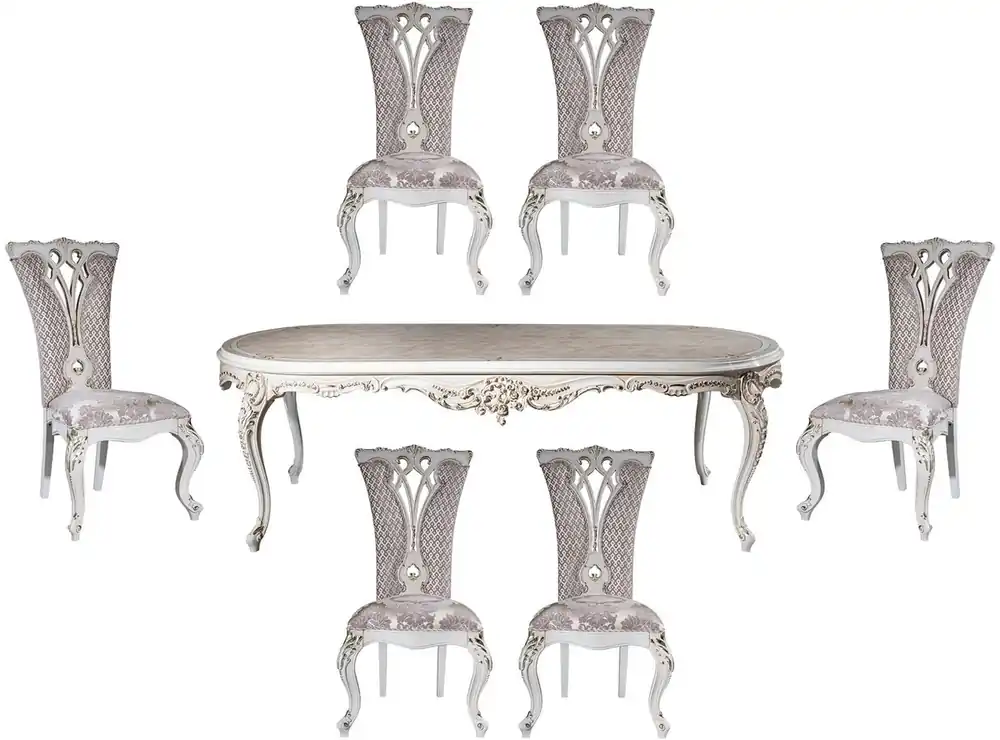 Casa Padrino luxury baroque dining room set purple / beige / white / gold - 1 Oval Dining Table & 6 Dining Chairs with elegant Pattern - Baroque dining room furniture - Noble & Magnificent Geprüft