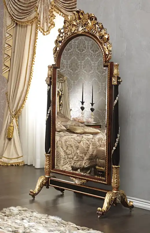 Letzte Chance Casa Padrino luxury baroque standing mirror with wheels brown / black / gold / silver 106 x 56 x H. 218 cm - Magnificent hand-carved baroque furniture - Luxury Quality - Made in Italy