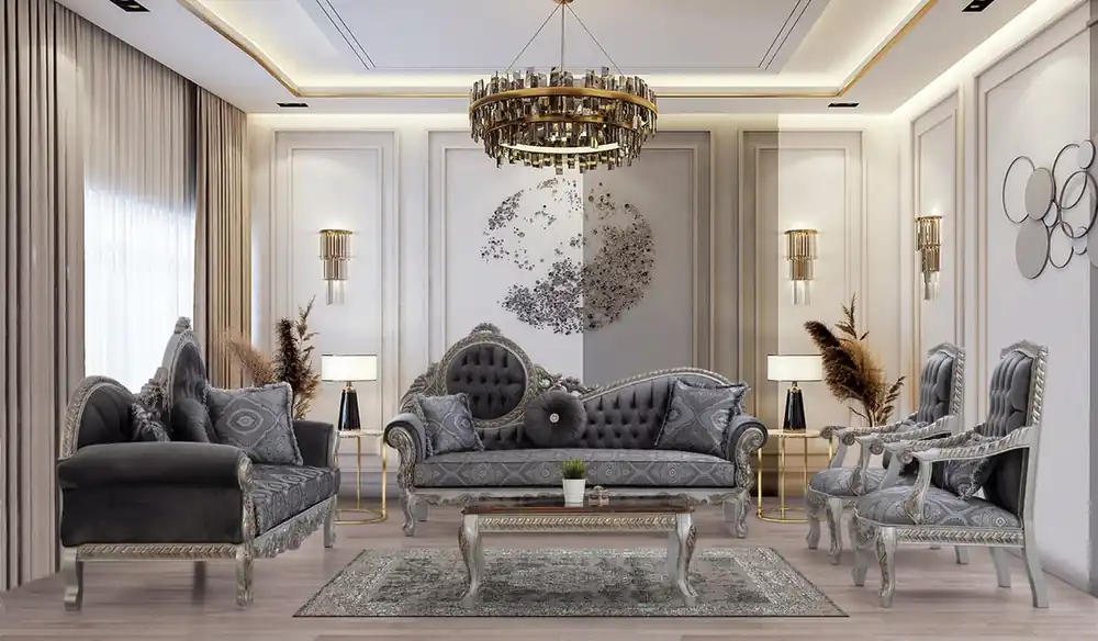 Jetzt Bestellen Casa Padrino luxury baroque living room set gray / blue / silver / bronze - 2 Sofas & 2 Armchairs & 1 Coffee Table - Magnificent living room furniture in baroque style