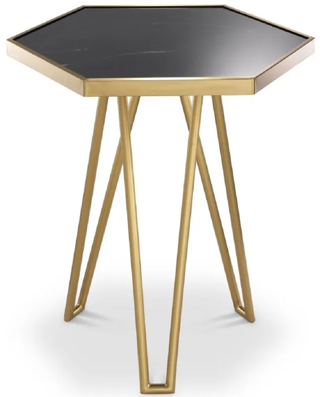 Casa Padrino luxury side table brass / black 50 x 43 x H. 54.5 cm - Modern hexagonal stainless steel table with honed marble top - Living room furniture - Luxury Furniture Markenware
