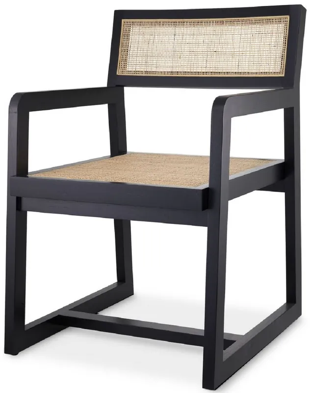Heißes Angebot Casa Padrino luxury dining chair black / natural 58.5 x 65.5 x H. 89 cm - Solid wood chair with armrests and hand-woven rattan - Luxury dining room furniture