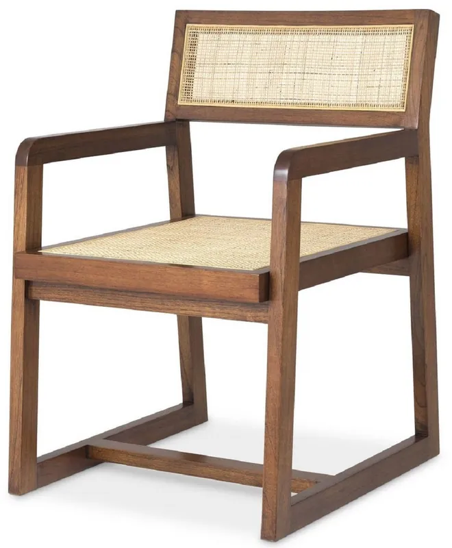 Highlight Casa Padrino luxury dining chair brown / natural 58.5 x 65.5 x H. 89 cm - Solid wood chair with armrests and hand-woven rattan - Luxury dining room furniture