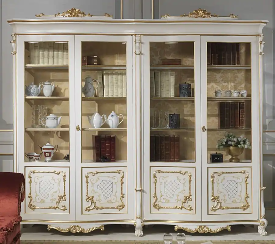 Must-Have Casa Padrino luxury baroque display cabinet white / cream / beige / gold 276 x 60 x H. 230 cm - Noble solid wood display cabinet with 4 doors - Baroque living room furniture - Luxury Quality