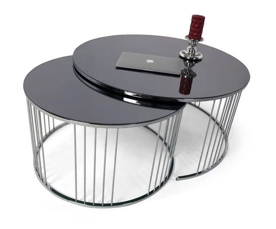 Casa Padrino luxury coffee table set silver / black - 2 Round living room tables with glass top - Living room furniture - Luxury Collection Must-Have