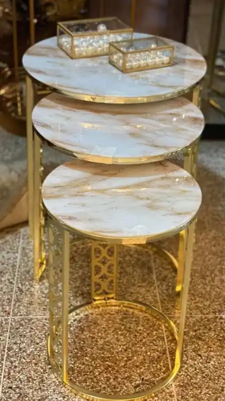 Casa Padrino luxury side table set gold / white-beige - 3 Round metal tables with marble top - Luxury living room furniture Online Kaufen