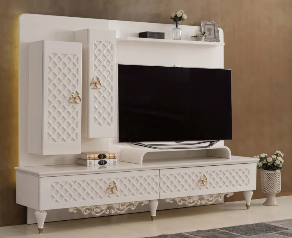 Casa Padrino luxury baroque TV cabinet white / gold 225 x 51 x H. 170 cm - Solid wood cabinet - Living room cabinet - Living room furniture in baroque style Neue Ware