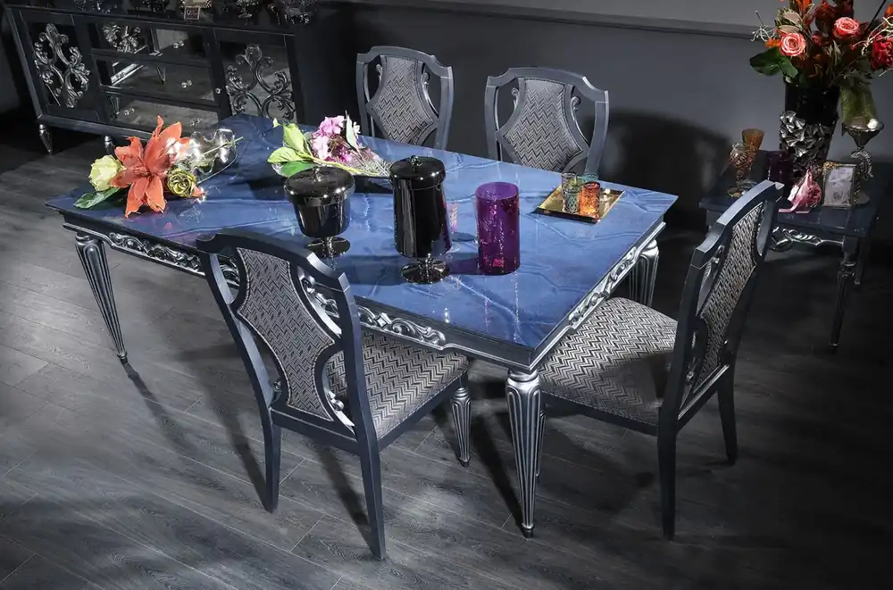 Preisknaller Casa Padrino luxury baroque dining table blue / silver 209 x 104 x H. 79 cm - Noble solid wood kitchen table with glass top - Dining room table - Dining room furniture in baroque style