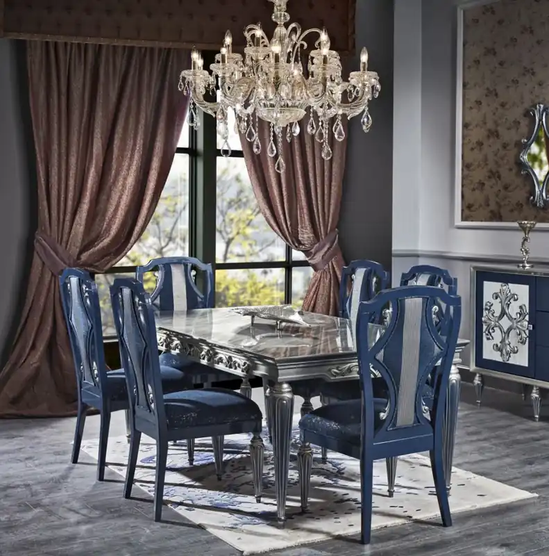 Nur Für Kurze Zeit Casa Padrino luxury baroque dining room chair set blue / silver 54 x 53 x H. 109 cm - Noble kitchen chairs set of 6 - Baroque dining room furniture
