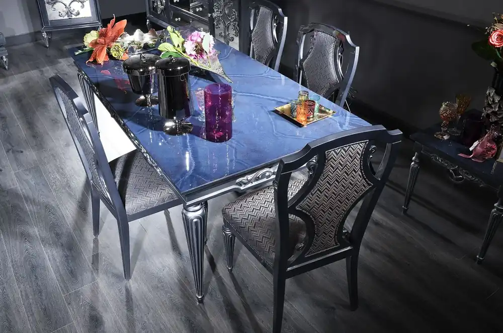 Kracherpreis Casa Padrino luxury baroque dining room chair set silver / blue 54 x 53 x H. 109 cm - Noble kitchen chairs set of 6 - Baroque dining room furniture