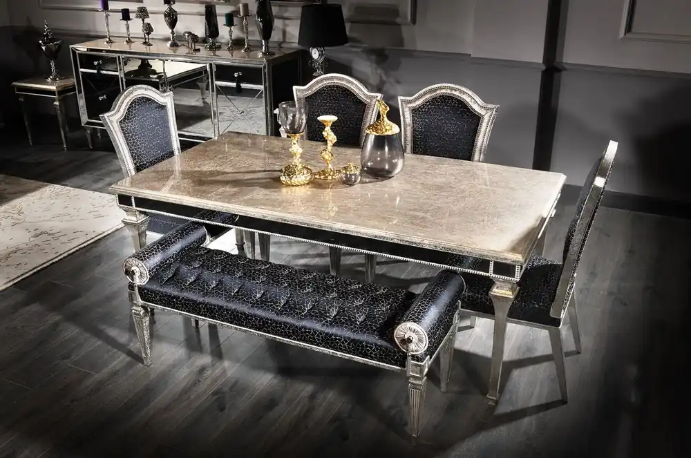 Casa Padrino luxury baroque dining table antique silver 200 x 112 x H. 85 cm - Solid wood kitchen table with mirror glass - Noble dining room furniture in baroque style Markenware