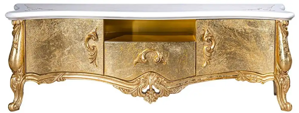 Casa Padrino luxury baroque TV cabinet white / gold 176 x 48 x H. 61 cm - Magnificent TV cabinet with 2 doors and drawer - Baroque living room furniture Neuheit