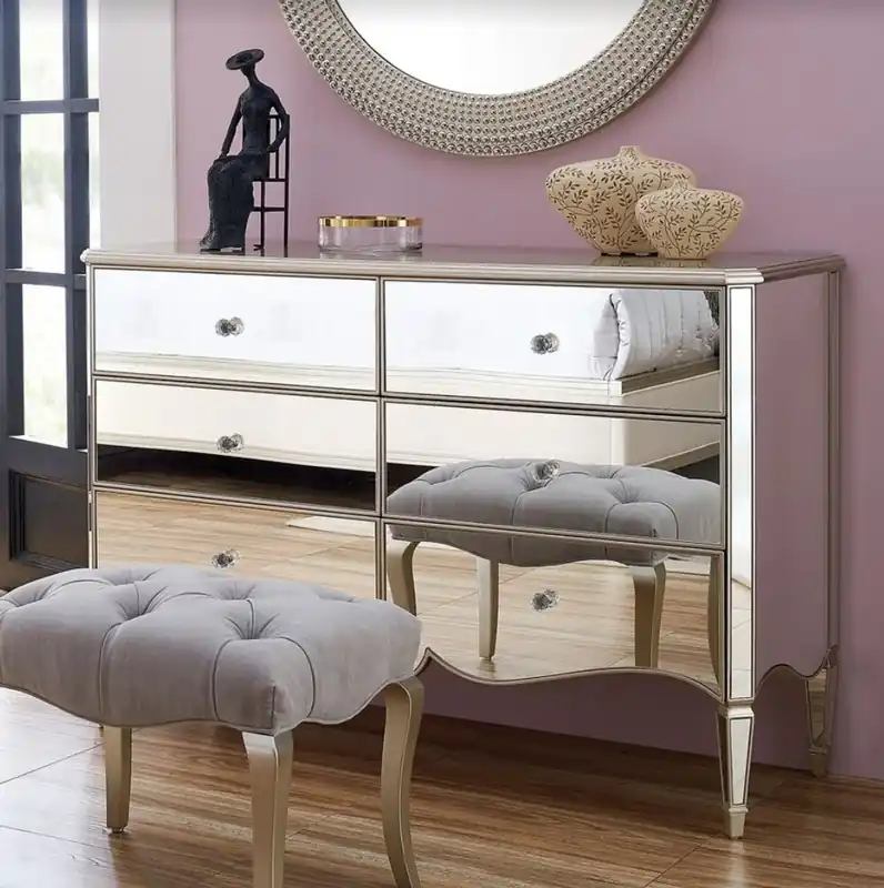 Casa Padrino Neoclassical Chest of Drawers Silver 141 x 48.5 x H. 95 cm - Mirrored Solid Wood Dresser with 6 Drawers - Furniture in a Neoclassical Style Begrenztes Angebot
