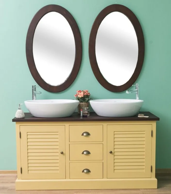 Casa Padrino Country Style Bathroom Set Yellow / Dark Brown - 1 Double Washstand & 2 Wall Mirrors - Solid Wood Bathroom Furniture in Country Style Günstig