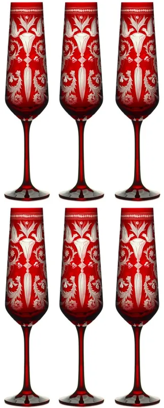 Must-Have Casa Padrino luxury champagne glass set of 6 red / silver Ø 6.5 x H. 26.5 cm - Handmade and hand engraved champagne glasses - Hotel & Restaurant Accessories - Luxury Quality