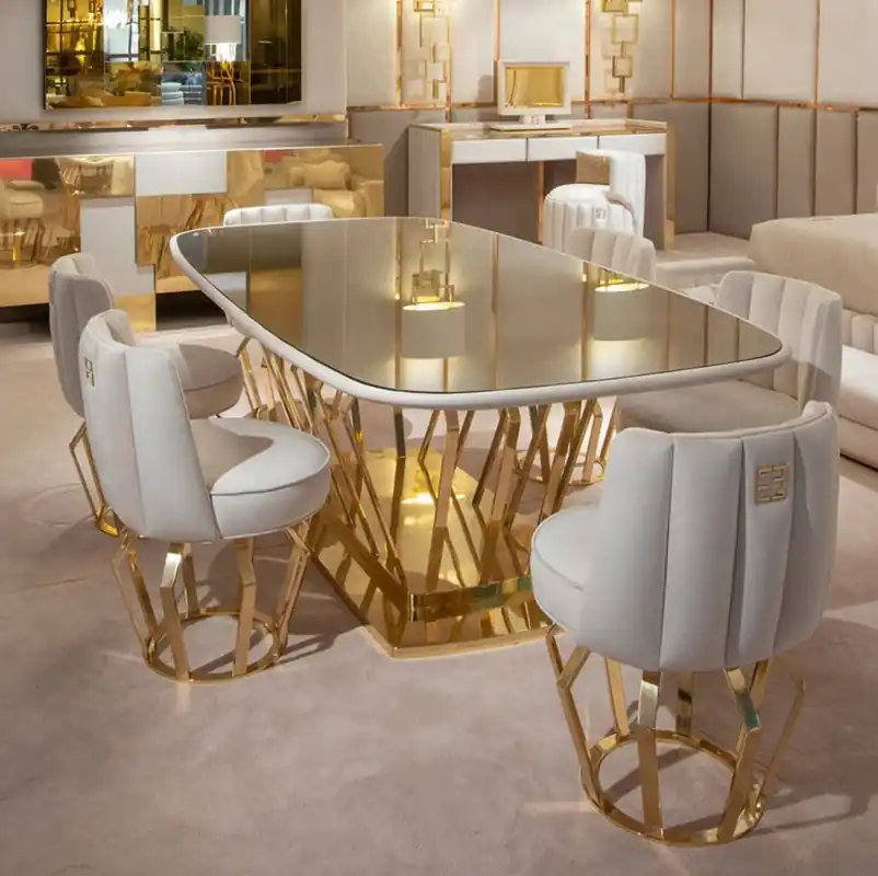 Saisonangebot Casa Padrino Luxury Designer Dining Room Set Ivory / Gold - 1 Dining Table & 6 Dining Chairs - Luxury Designer Dining Room Furniture - Hotel Furniture - Luxury Quality - Made in Italy