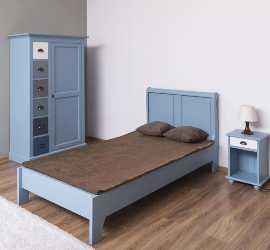 Neuheit Casa Padrino country style solid wood children's room furniture set light blue / white / multicolor - 1 Single Bed & 1 Wardrobe & 1 Bedside Table - Country style furniture