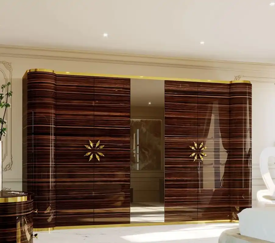 Casa Padrino luxury designer bedroom cabinet high gloss brown / gold 285 x 62 x H. 250 cm - Noble solid wood wardrobe with 4 doors - Hotel Furniture - Luxury Quality - Made in Italy Schnäppchen