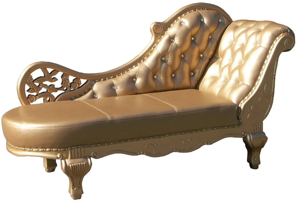 Preisknaller Casa Padrino baroque leather chaise longue gold 170 x 65 x H. 90 cm - Solid wood chaise longue with genuine leather and rhinestones - Baroque Furniture