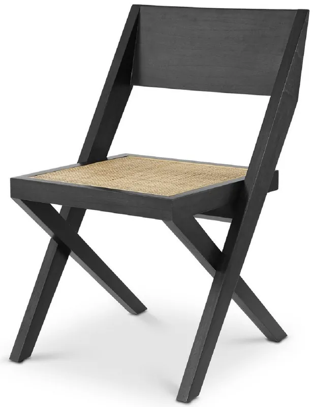 Schnäppchen Casa Padrino luxury dining chair black / natural 53 x 56 x H. 85 cm - Solid wood chair with rattan - Luxury dining room furniture