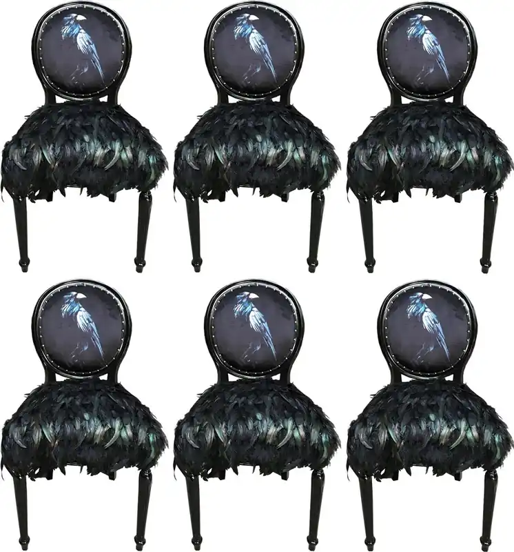 Casa Padrino Luxury Baroque Dining Chair Set Crow Black 50 x 60 x H. 104 cm - Handmade Kitchen Chairs with Faux Feathers - Baroque Dining Room Furniture Versand Am Gleichen Tag