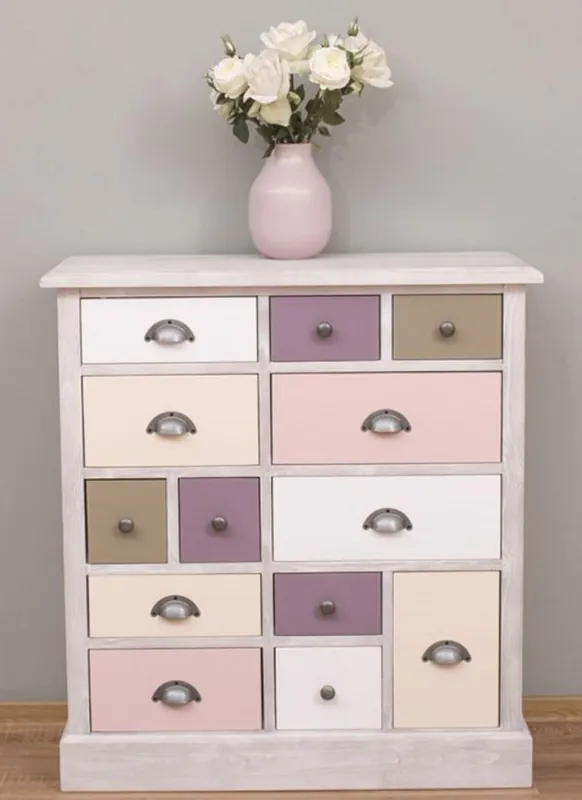 Casa Padrino country style chest of drawers light gray / multicolor 90 x 35 x H. 97 cm - Solid wood cabinet with 13 drawers - Country style furniture Super-Preis