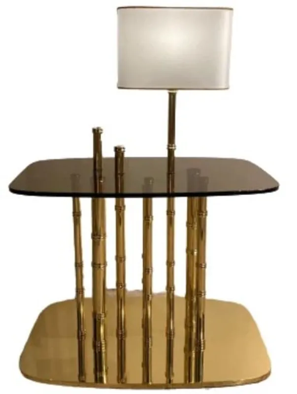 Casa Padrino luxury designer side table bamboo gold / black / white 70 x 45 x H. 40 cm - Gold plated brass bedside table with glass top and integrated table lamp - Hotel Furniture - Luxury Quality Preis Gesenkt