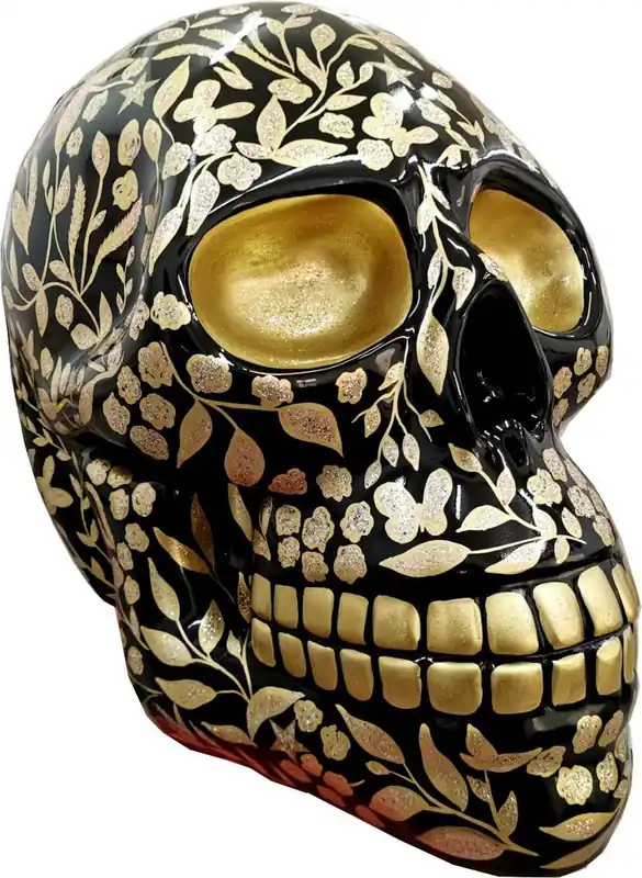 Casa Padrino designer decorative figure skull with glitter look black / gold 44 x 58 x H. 66 cm - Weatherproof decorative sculpture - Living room decoration - Garden decoration - Designer sculpture Sonderangebot