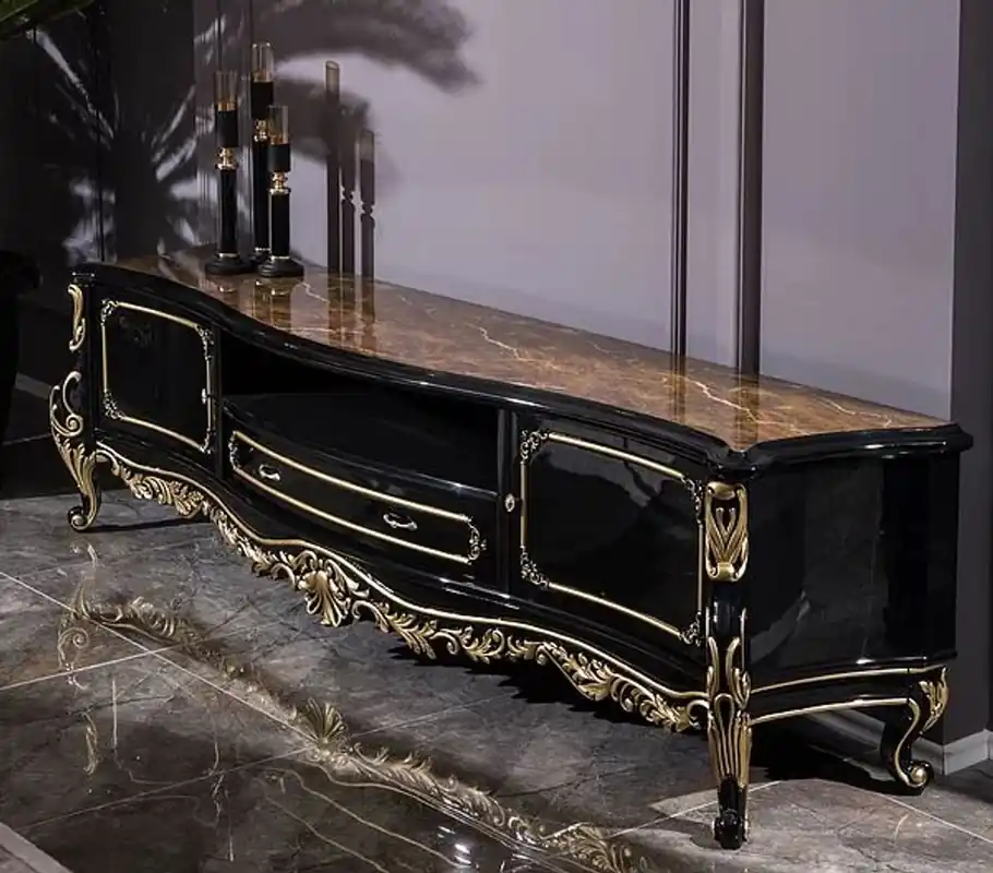 Casa Padrino luxury baroque TV cabinet black / gold 228 x 48 x H. 61 cm - Magnificent solid wood TV cabinet - Baroque living room furniture Begrenztes Angebot