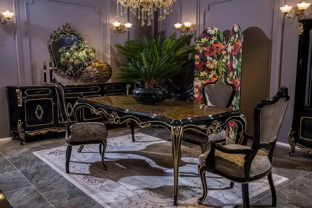 Wochenendangebot Casa Padrino luxury baroque dining room set silver / black / gold - 1 Dining Table & 6 Dining Chairs - Magnificent dining room furniture in baroque style