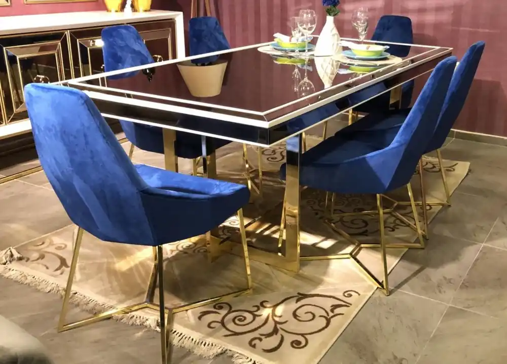 Casa Padrino Luxury Dining Room Set Blue / White / Gold - 1 Dining Table & 6 Dining Chairs - Luxury Dining Room Furniture Ausverkauf