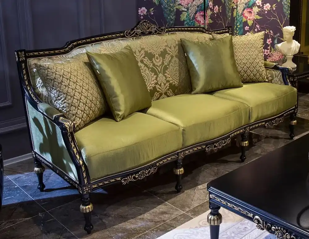 Casa Padrino luxury baroque living room sofa green / black / gold 209 x 74 x H. 106 cm - Noble solid wood sofa with decorative pillows - Living room furniture in baroque style Nur Für Kurze Zeit