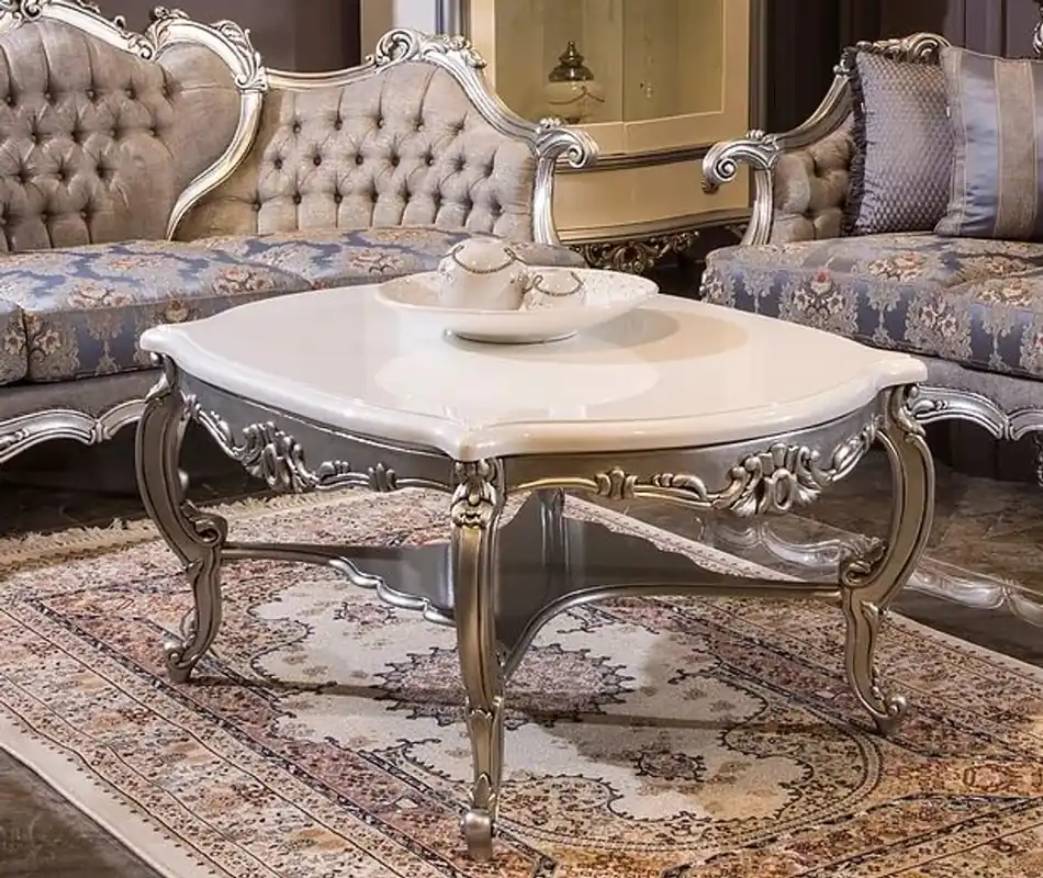 Markenprodukt Casa Padrino luxury baroque coffee table white / silver 118 x 89 x H. 58 cm - Solid wood living room table - Baroque style furniture