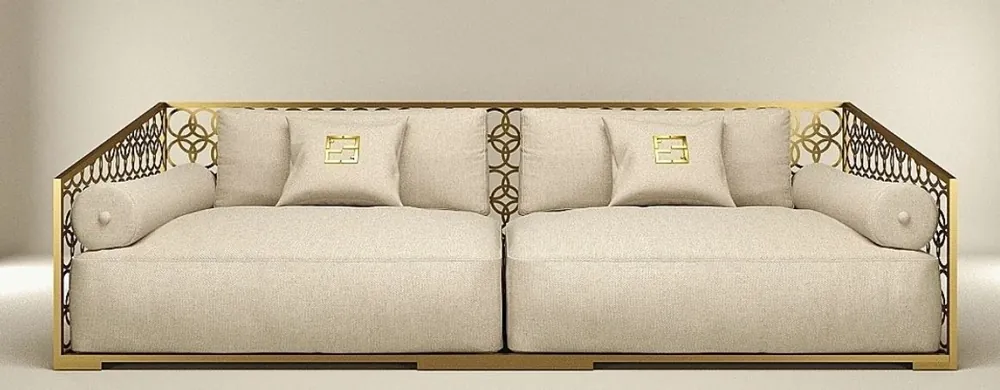 Casa Padrino luxury 3 seater sofa ivory / champagne gold 325 x 109 cm - Handmade sofa with pillows - Living Room Sofa - Garden Sofa - Patio Sofa - Hotel Furniture - Luxury Quality Nur Heute