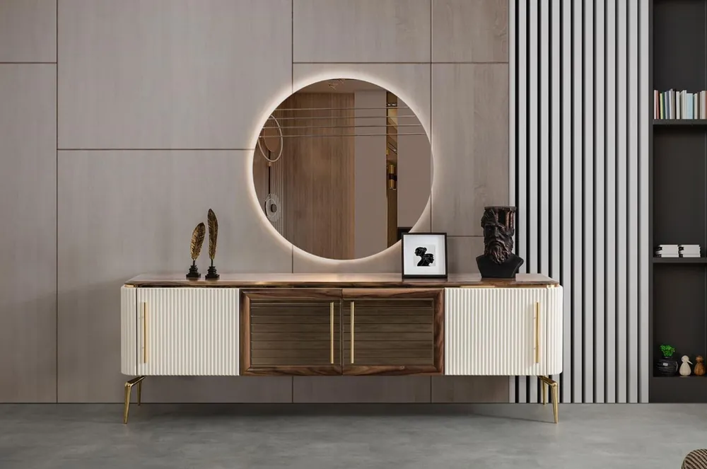 Casa Padrino luxury Art Deco sideboard brown / white / gold 235 x 48 x H. 76 cm - Noble cabinet with 4 doors - Art Deco Furniture Nur Heute